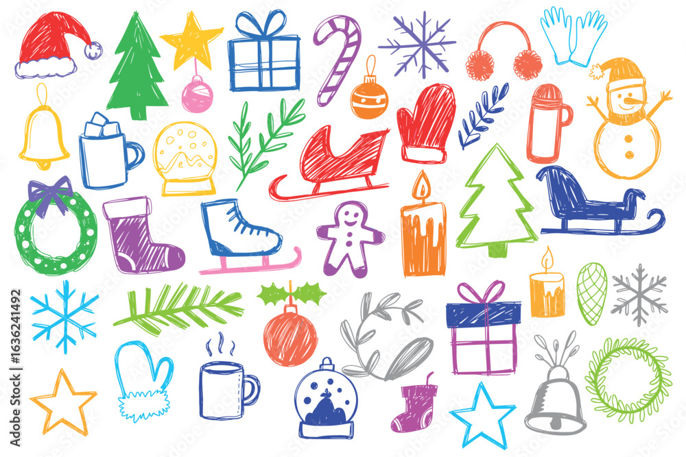 Fototapeta premium Colorful hand-drawn doodles of winter and Christmas elements. Includes gifts, snowflakes, mittens, a snowman, and holiday decorations.