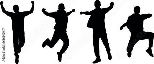 Energetic silhouettes of people jumping, dynamic poses, high energy movement, expressive action, black and white, isolated on white background