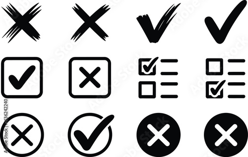A collection of various check mark and x mark symbols in black and white