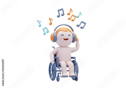 Isolated Joyful Wheelchair User Listening to Music with Headphones