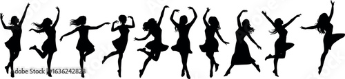 Silhouette of dancing women in various poses, energetic dance moves, joyful expressions, perfect for creative projects, stock image, black background