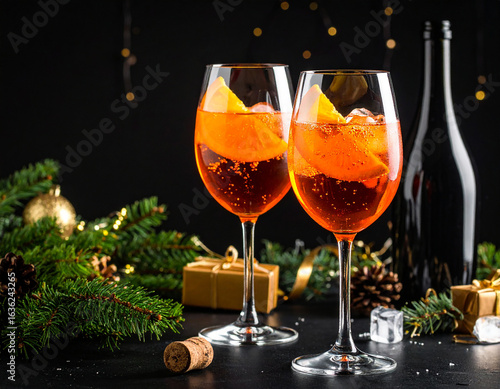 Charming  Illustration of Two Festive New Year Cocktails with Orange Slices, Set Against a Holiday Background of Christmas Decorations and a Bottle of Sparkling Aperol Spritz