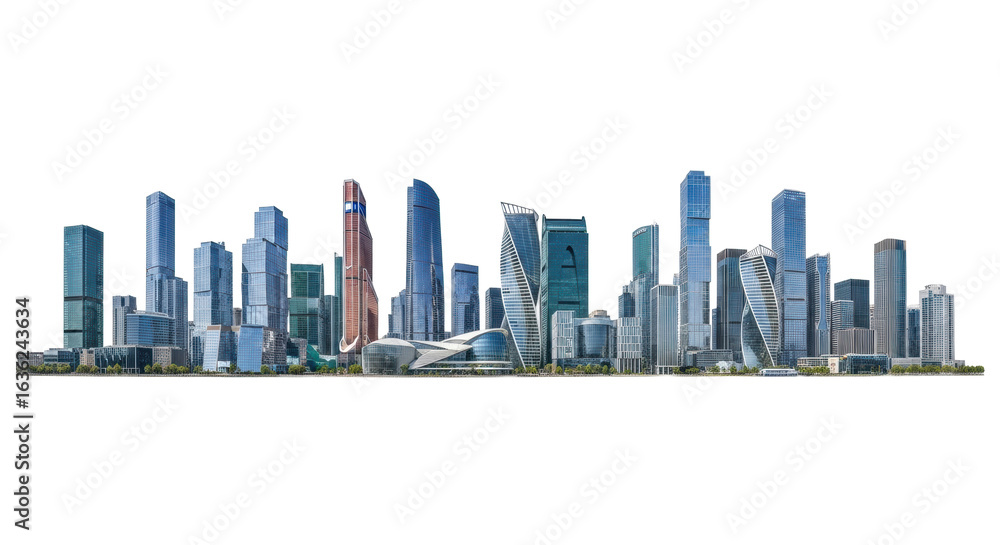 Fototapeta premium A panoramic modern city skyline of diverse, pristine skyscrapers with sleek glass facades and brushed metallic accents, isolated on a transparent background with even studio lighting, a concept of
