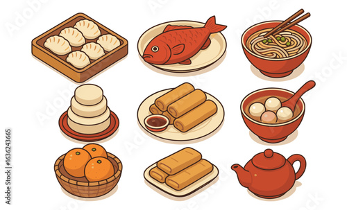 Traditional asian cuisine essentials: dim sum, fish, noodles, and tea in isometric style
