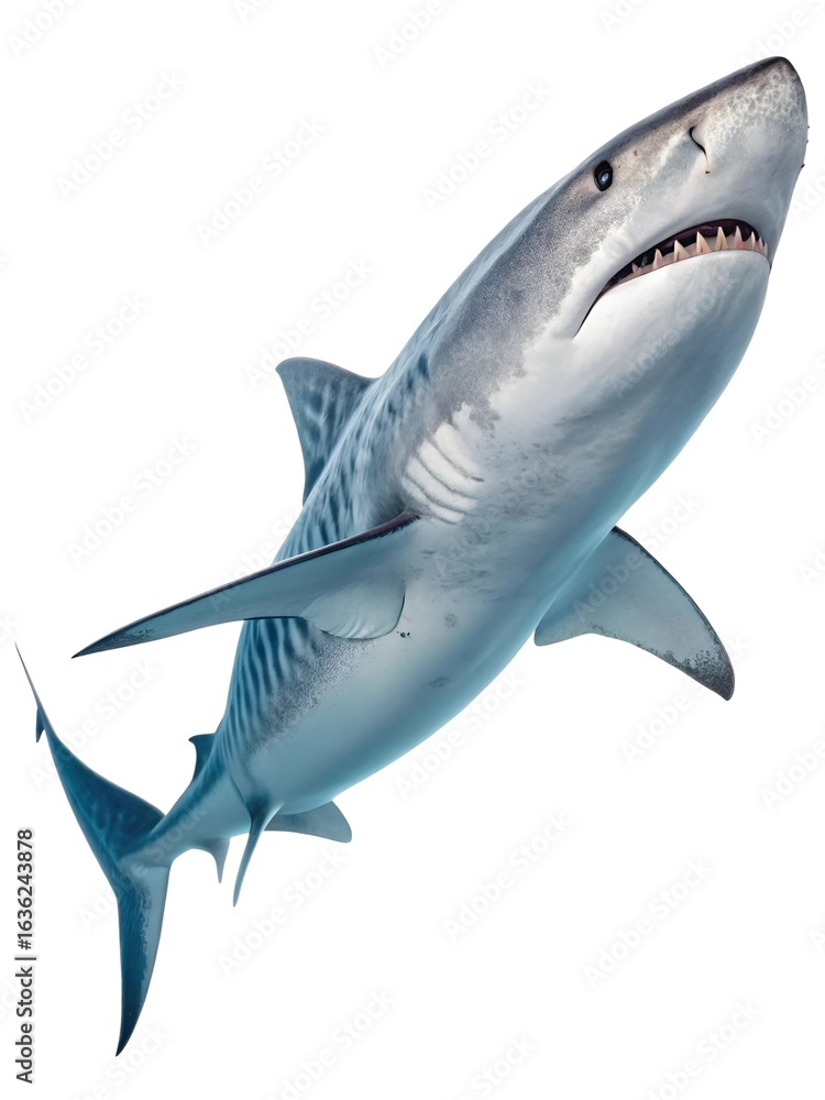 Fototapeta premium Macro image of a tiger shark in swimming position, distinctive stripes and streamlined body lit evenly, isolated on transparent white — apex predator, ocean hunter. 