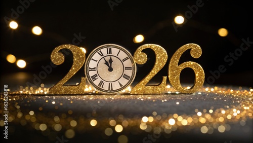 Golden glitter numerals 2026 with a clock face marking the new years eve countdown against a dark bokeh background