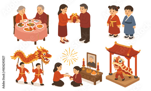 Festive chinese new year celebrations with dragon dance and family traditions