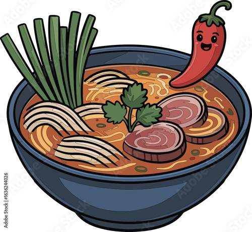 Colorful cartoon-style vector illustration of pho, a traditional Vietnamese noodle soup, with hand-drawn noodles, broth, herbs, and meat in a bowl.