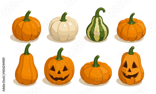 Colorful collection of pumpkins and gourds with jack-o'-lanterns on beige background