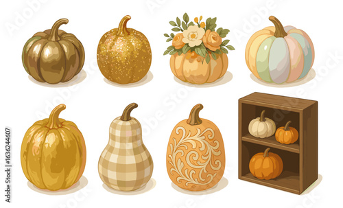 Decorative autumn pumpkins with floral and patterned designs for seasonal home decor