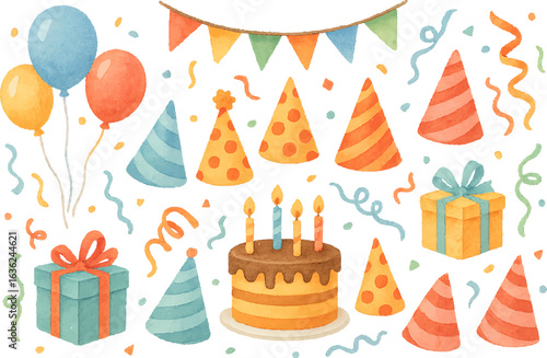 Colorful Watercolor Birthday Party Decorations with Cakes, Balloons, and Party Hats