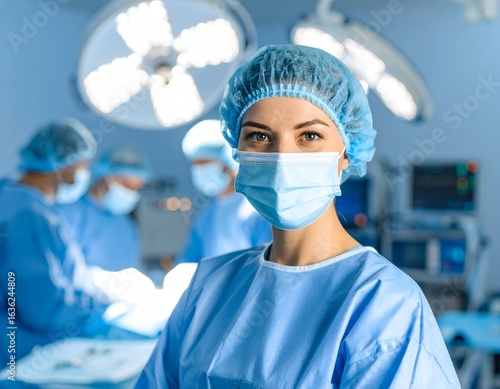 A surgeon wearing sterile surgical mask, bright operating room lights reflecting off surgical instruments, medical team collaborating in background.