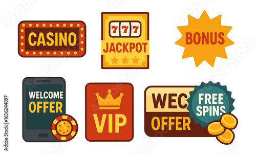 Casino icons: jackpot, vip, bonus offers in retro style