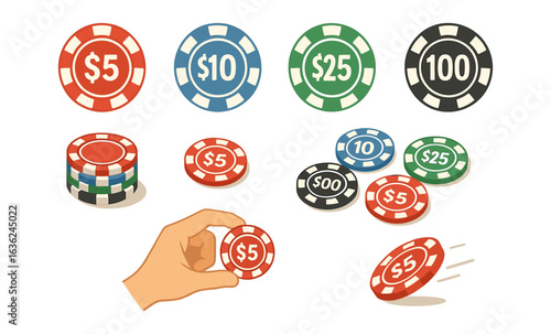 Colorful poker chips collection with hand gesture and pricing labels