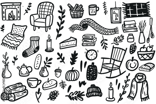 A collection of hand-drawn doodles featuring cozy elements like a chair, blanket, candle, pumpkin, and various plants. Ideal for autumn themes.