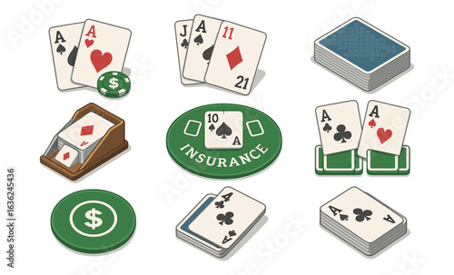 Casino card games set with poker chips and playing cards in flat style