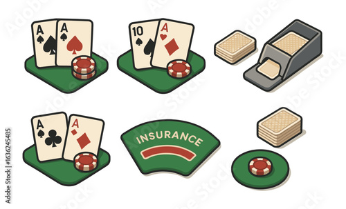 Flat style casino card game elements for poker and blackjack enthusiasts