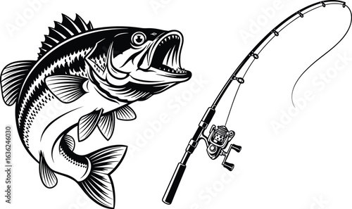 Black and white illustration of bass fish and fishing rod with reel — perfect for outdoor design, angler branding, and sport graphics