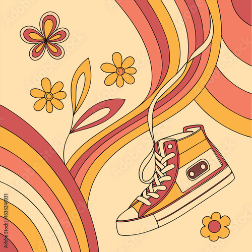Retro 70s style illustration with flowers, flowing stripes, and a sneaker