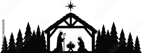 Nativity scene silhouette with baby Jesus, Mary, Joseph, star, and pine trees — perfect for Christmas design, faith art, and seasonal decor