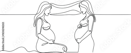 Minimalist line art of two pregnant women in emotional connection, perfect for motherhood themes, maternity care, and wellness branding