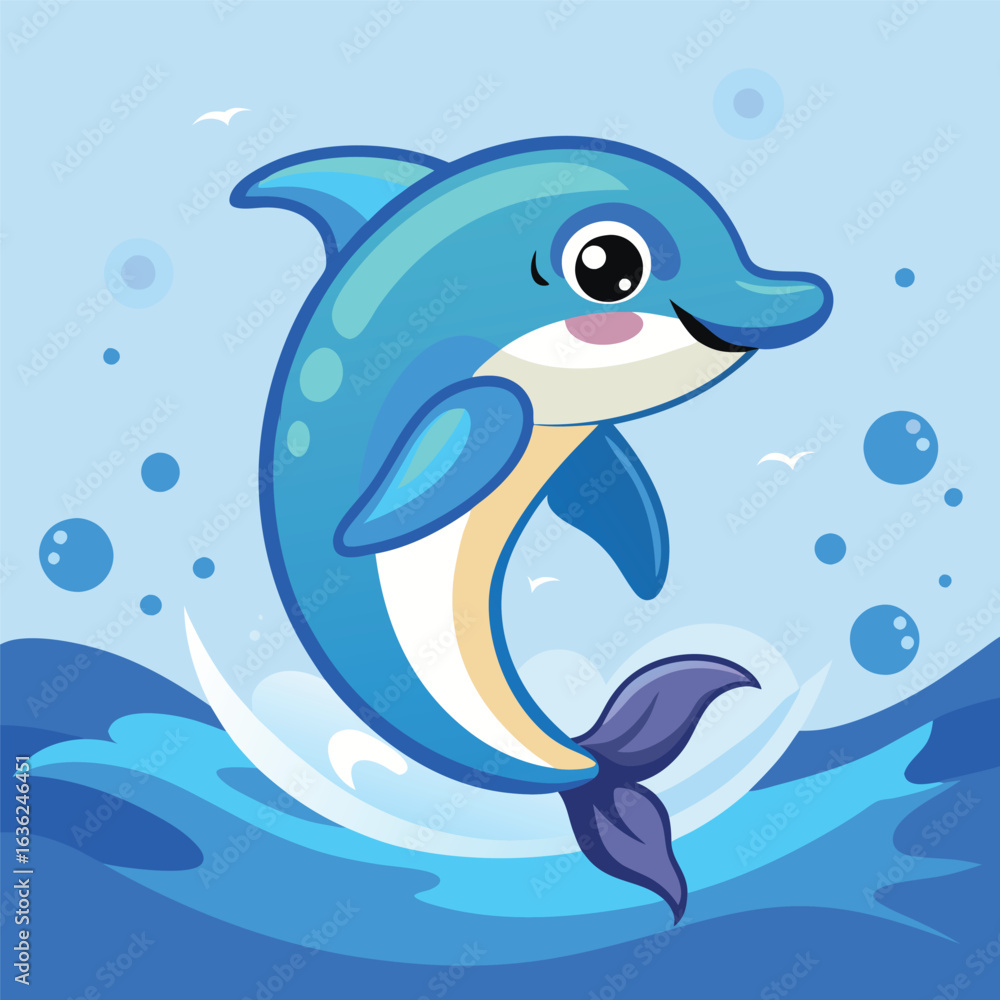 Fototapeta premium Cute cartoon dolphin leaping out of blue ocean waves with bubbles