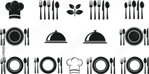 Set of fifteen black dining and cooking icons — chef hats, cutlery, cloches, and place settings for culinary, restaurant, and menu design