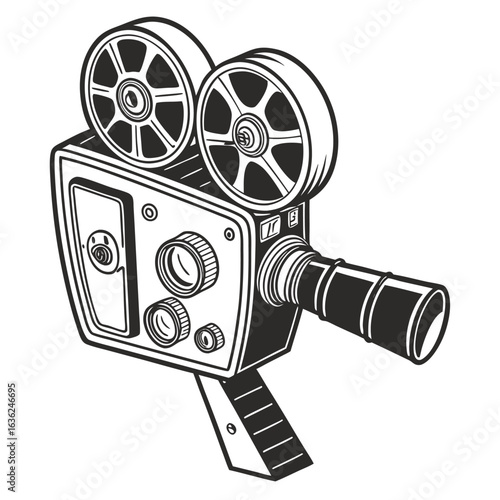 Vintage film camera illustration, retro cinematography, classic movie making equipment art