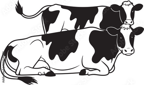 Two black and white Holstein Friesian cows one lying down one standing on white background cattle