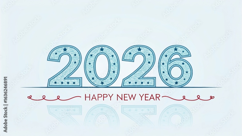 Fototapeta premium Happy new year 2026 text with festive design elements and reflections, isolated on a clean white background