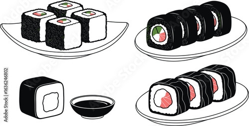 Set of four sushi plate illustrations — square and round rolls with colorful fillings, perfect for Japanese cuisine, food art, and menus