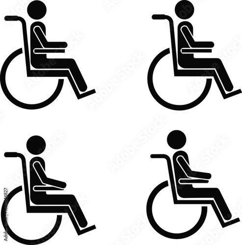 Set of four wheelchair user icons — inclusive black silhouettes for accessibility, healthcare, mobility aid, and universal design themes
