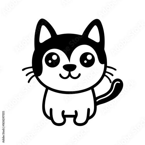Cat cartoon character vector illustration in black monochrome style isolated on white background
