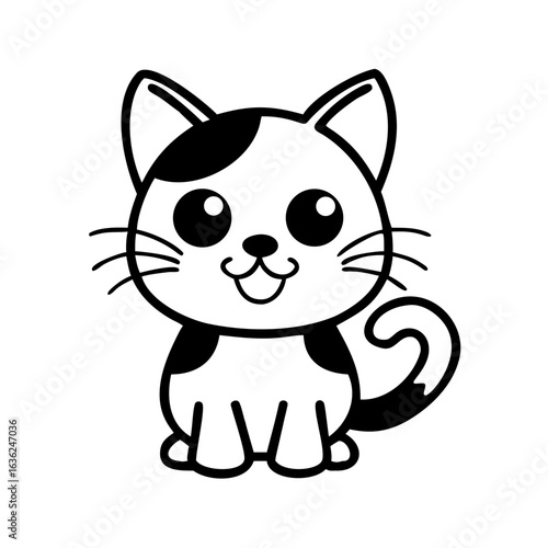 Cat cartoon character vector illustration in black monochrome style isolated on white background
