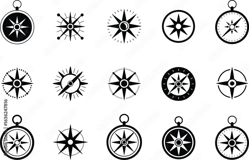 Fototapeta premium A collection of fifteen different compass rose designs in black and white