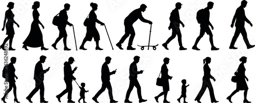 Silhouettes of diverse people walking, using canes, scooters, and smartphones, representing various ages, lifestyles, movement, interaction, urban activity