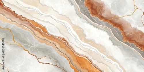 Abstract flowing organic marble texture with veins of warm orange brown and cool grey and white creating a natural swirling pattern