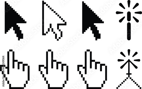 An illustration of various cursor designs in pixelated black and white