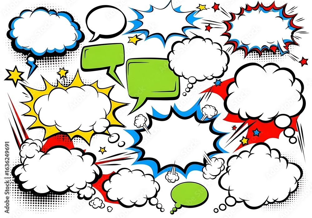 Fototapeta premium Dynamic Comic Book Speech Bubbles with Retro Halftone Effects and Vibrant Colors