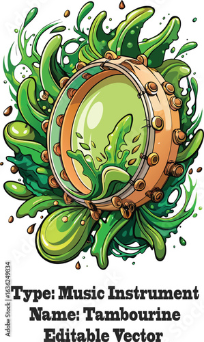 Green liquid splash around tambourine with jingles music instrument
