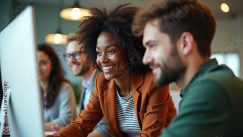 Group of smiling diverse professionals collaborating around a computer screen in an office setting