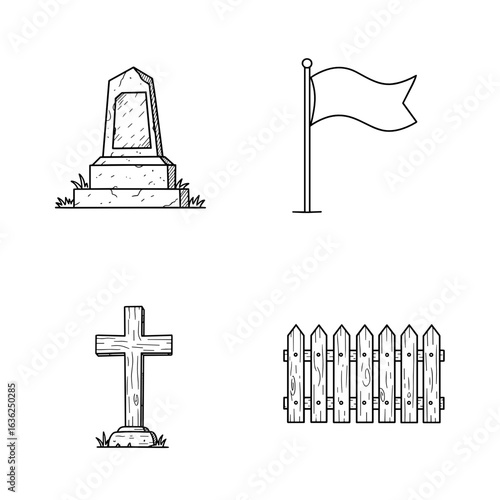 Collection of Columbus day-themed icons, including Stone monument, flagpole, wooden cross, fence