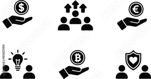 Business and finance icons, flat vector illustration, financial, business, investment, team, innovation, bitcoin, security, economy, currency, collaboration, growth