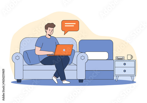 vector Illustration of a man sitting on a blue sofa with a laptop, a speech bubble above indicating communication, next to a nightstand