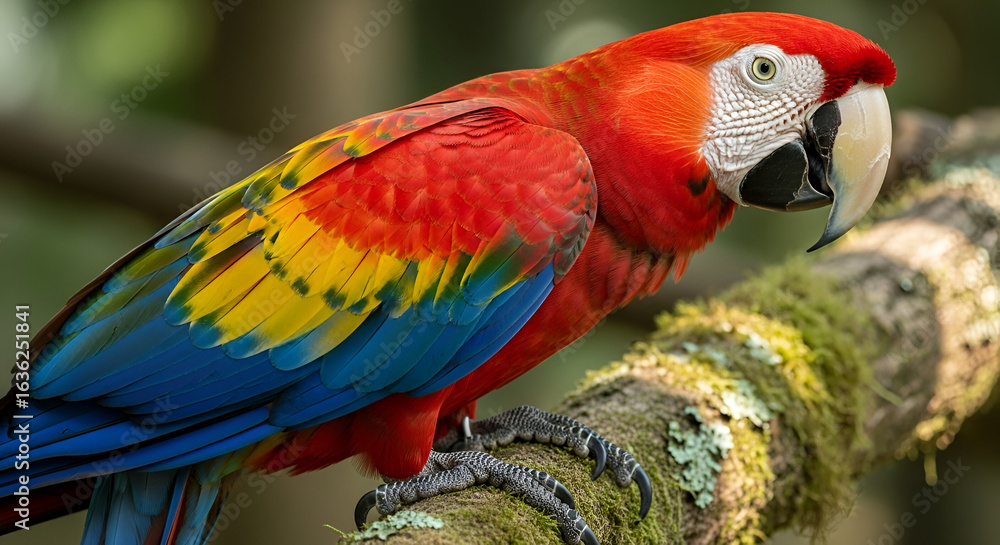 Obraz premium Scarlet Macaw in Colorful Feathers on a Mossy Branch