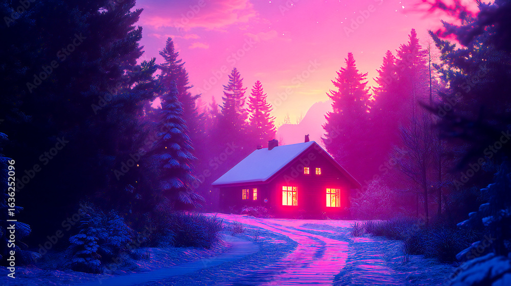 Naklejka premium Christmas background house near the Christmas trees