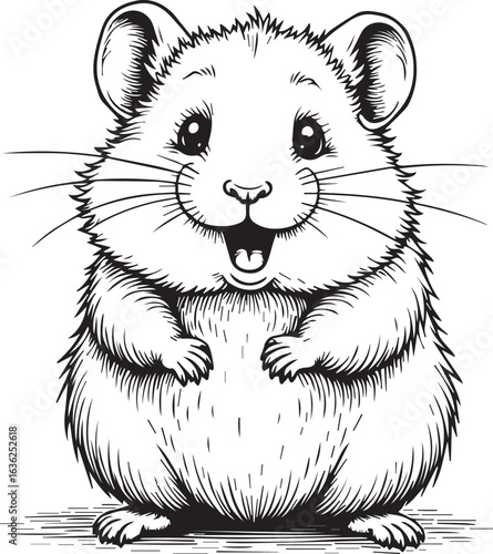 Whimsical Hamster in Joyful Pose: A delightful illustration of a hamster brimming with joy, rendered in an illustrative, artful black and white.