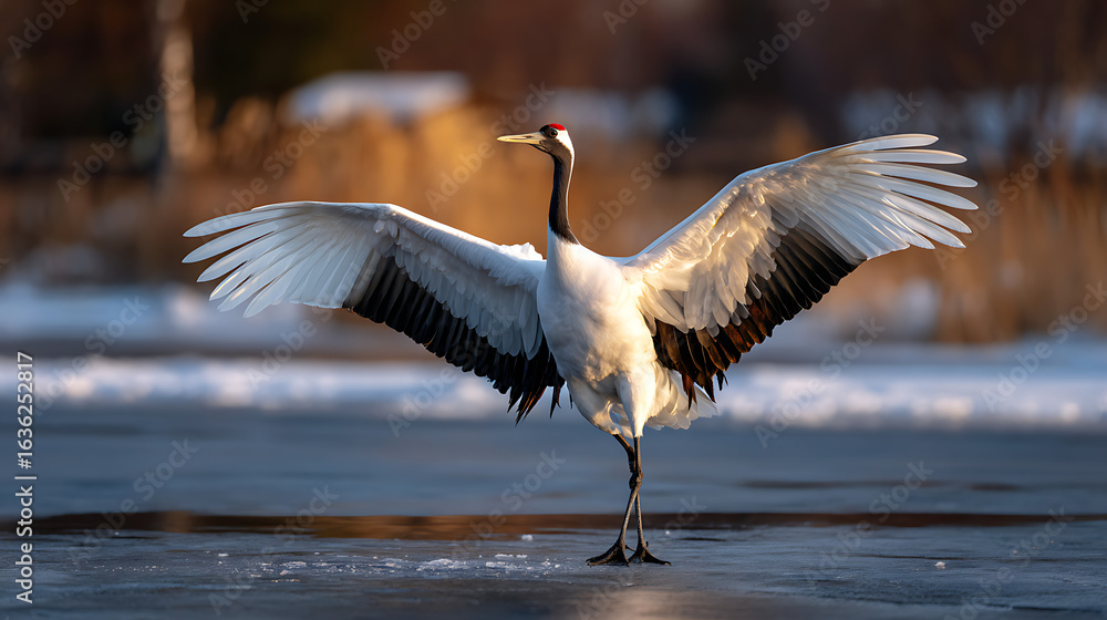 Fototapeta premium Red Crowned Crane Dancing on Icy Lake at Sunset