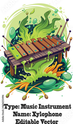 Wooden xylophone with green and orange abstract shapes and bubbles musical instrument percussion