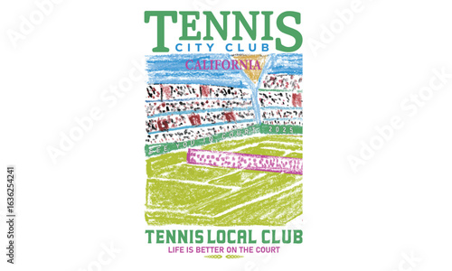 Tennis court graphic design. Tennis club artwork for t shirt, posters, stickers, background and others. Athletic club art. Tennis stadium painting by oil pastel. California local tennis club.